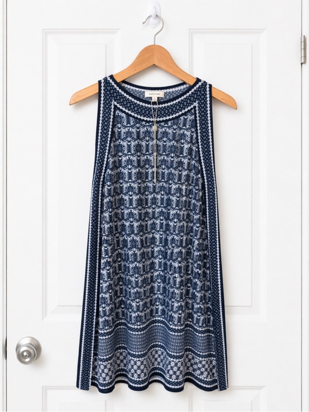 Max Studio Navy White Geometric Tile Print Sleeveless Shift Dress Small NWT